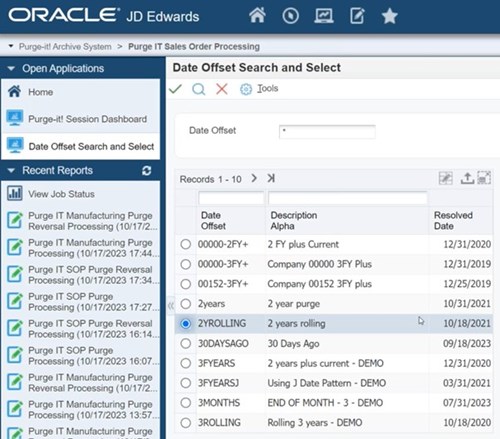 Archive automation with Date Offset functionality in Purge-it for JD Edwards