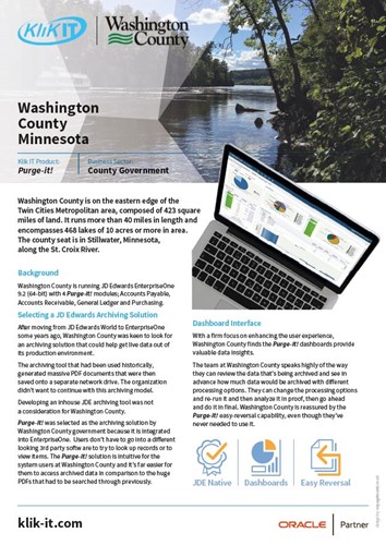 Washington County is running JD Edwards E1 9.2 (64-bit) with 4 Purge-it! modules