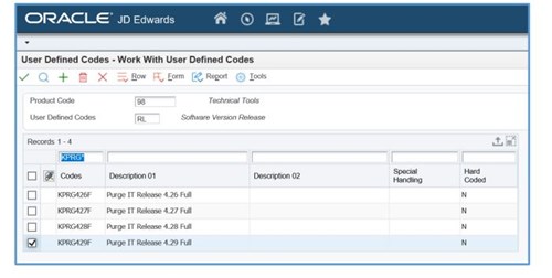 Find your Purge-it! release | Enquire on the 98/TL UDC table in JDE