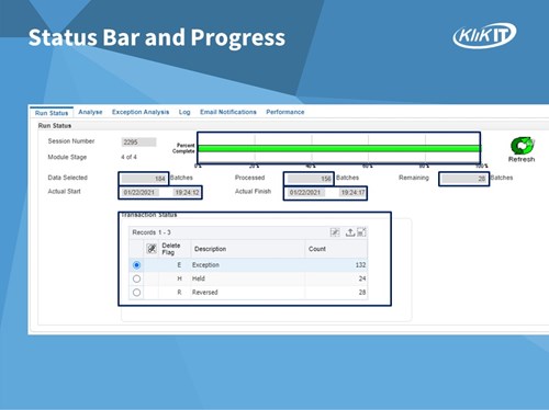 Purge-it! Version 5 Status Bar and Progress Bar. Each tab is designed to provide insightful information on the status of the archiving activity.