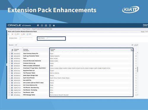 Purge-it! Version 5 Extension Pack Enhancements. 140 pre-defined schedules that target over 400 tables.  Purge-it! is now equipped to address data management challenges across even more areas in JD Edwards.